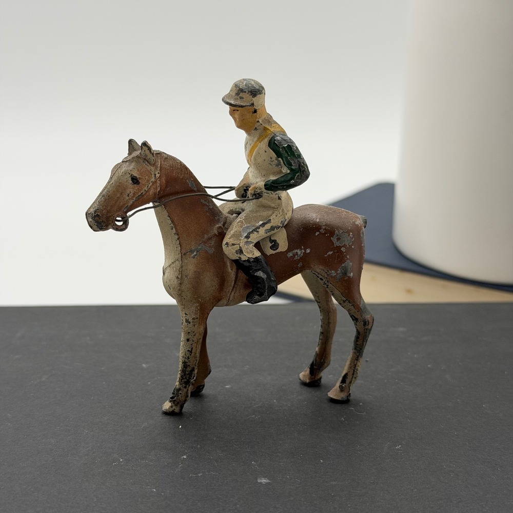 Vintage Cast Iron Jockey Horse Racing Figurine Toy Made in USA Brown Green #5